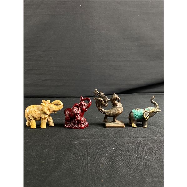 Lot Of 3 Lucky Elephants (Resin,Stone & Brass) & Brass Peacock Curios.