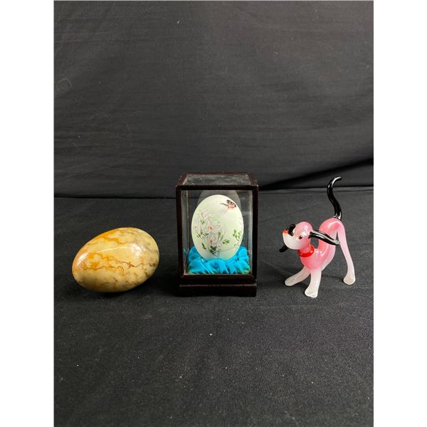 Egg Shaped Stone, Painted Egg In Display Case & Blown Glass Dog