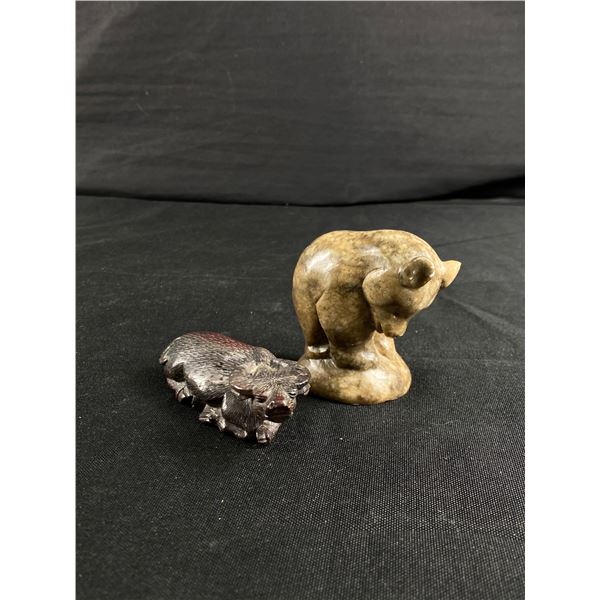 Stone Carved Bear Cub & Carved Stone Water Buffalo. Approx. 2 1/2" H (Cub) & 3 1/2" L (Buffalo)