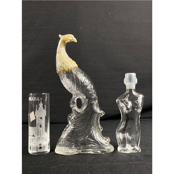 Vintage Peacock Purfume Bottle, Depose Nude Mini Bottle & Crystal "Prana" Shooter Glass