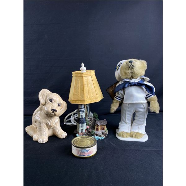 Cute Lot - Porcelain Dog, Brass Button Bear "Casey",Light House Lamp & Tunagate Game In Can