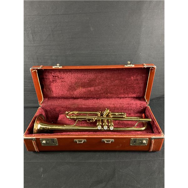 Vintage Engraved Academy Brass Trumpet w/ Mother Of Pearl Accents On Buttons. Comes In Case.