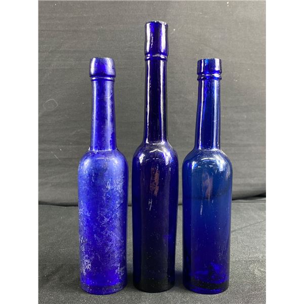 3 Vintage Cobalt Blue Bottles. Approx. 8 1/4" & 9 1/2"