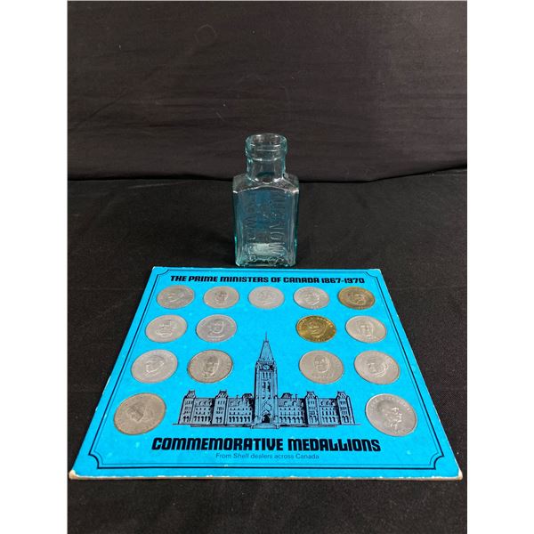 Vintage Kutnow's Powder Bottle & 1867-1970 Prime Ministers Of Canada Commemorative Medallions