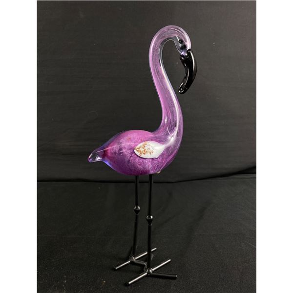 Blown Glass Art Flamingo Figurine w/ Metal Legs. Approx. 11" H