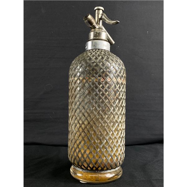 Vintage Wire Meshed Glass Siphon Bottle w/ Metal Topper