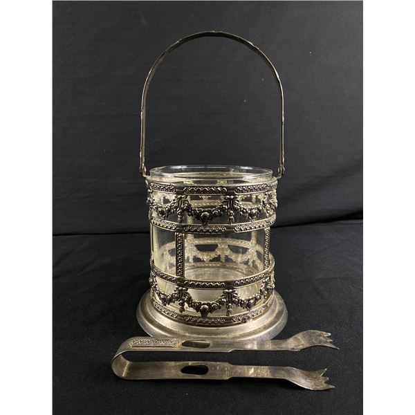 Vintage Studio Silversmiths Ornate Metal Ice Bucket & Tongs w/ Glass Insert. Made In China
