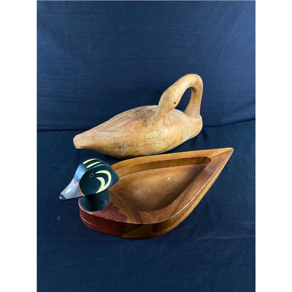 2 Wooden Birds - Painted Duck Is Approx. 19" L & Carved Swan Is 18"L