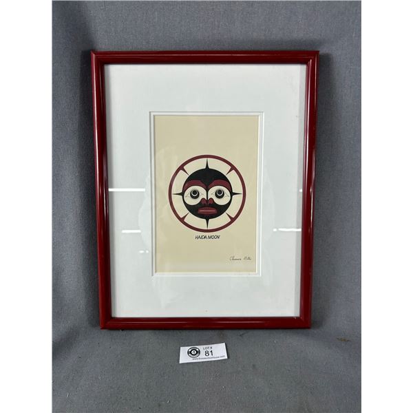 Framed Aboriginal "Haida Moon" Print By Clarence Mills. Approx. 15" x 11 1/2"