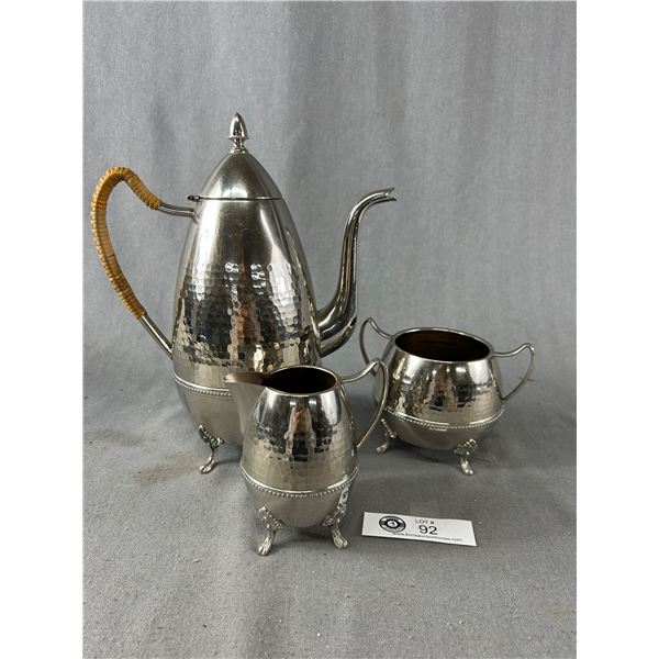 Fabulous Vintage Art Deco Teaset. Hammered Banding with Wicker Rattan Handle