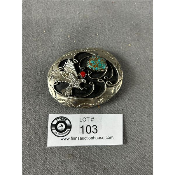 Vintage Sterling Silver Belt Buckle with Turquoise & Red Coral