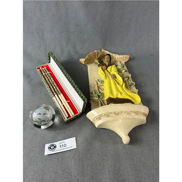 Mid Century Modern Asian Chalkware Wall Plaques, Decorative Chopsticks & Reverse Painted Paperweight