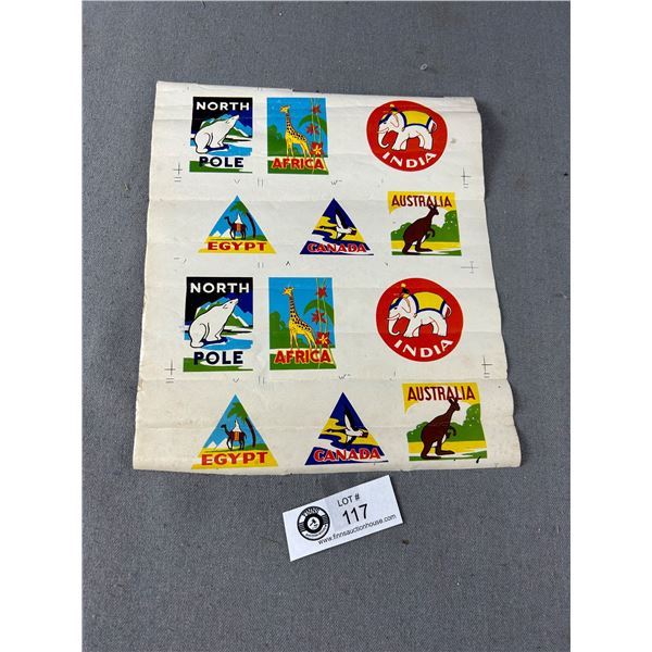 A Sheet of 1940s Unused Travel Stickers