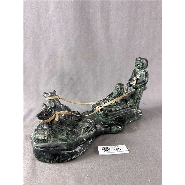 Vintage JOLIN Made In Canada Stone Carved Inuit Sledders & Dogs. Approx. 12" L