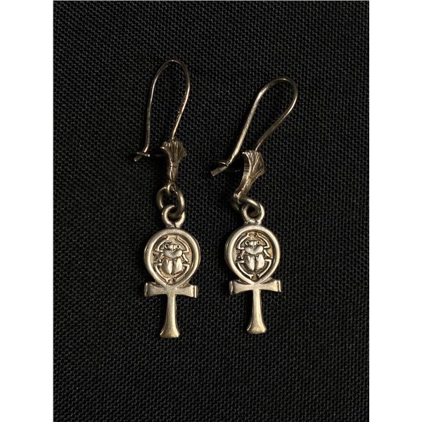 Vintage Sterling Silver UNK Cross w/ Scarab Earrings