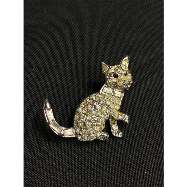 Vintage Rhinestone Cat Brooch