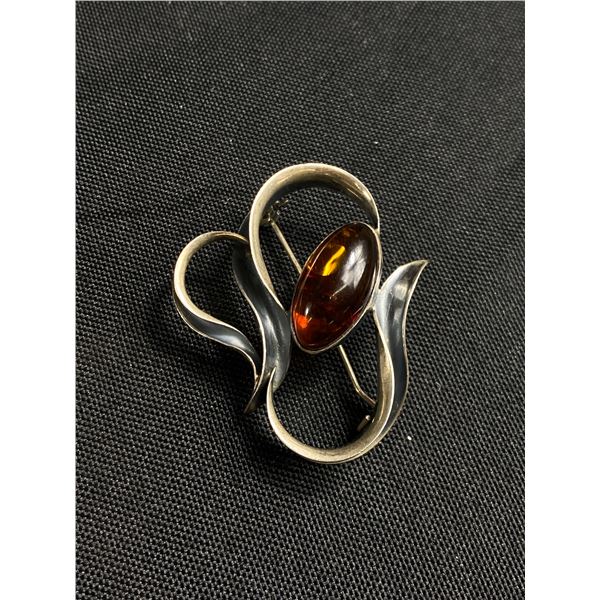 Vintage Sterling Silver w/ Genuine Batlic Amber Brooch