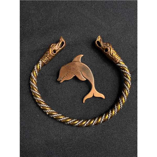 Vintage Dragon Head Metal Bangle and Copper Brooch