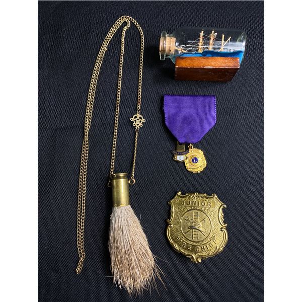 Vintage Lot, Ship in Bottle, Bullet of fob/Pendant with Chain and Fire Cheif Badge and Pin