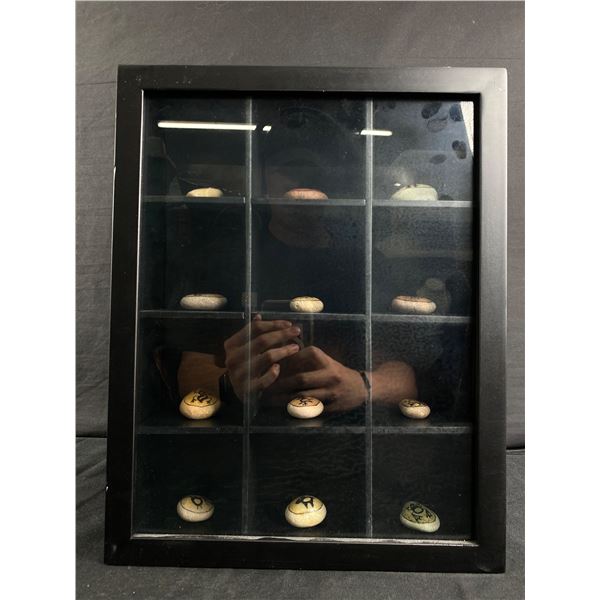 Shadow Box Of Flat Painted Rocks. Approx. 11 1/2  x 14  x 3 1/2 