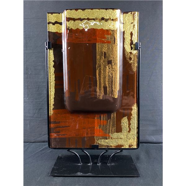Glass Art w/ Amber & Gold Coloured Accents On Metal Stand. Approx.17" H