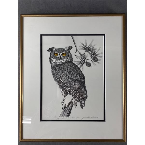 Framed Ltd Ed. 368/500 "Great Horned Owl VIII" By John Paul Lavand. COA Included. Approx. 17" x 14"