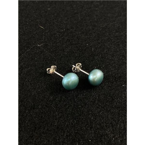Genuine Aquamarine Color Pearl Sterling Stud Earrings