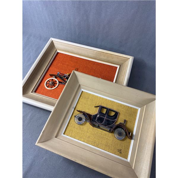 2 Framed Hand Made Early Cars Made Of Parts. Approx. 15" x 12 1/2" & 15 1/2" x 18"