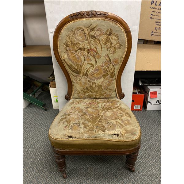 Vintage Wood Carved Upholstered Chair w/ Caster Wheels. NO SHIPPING