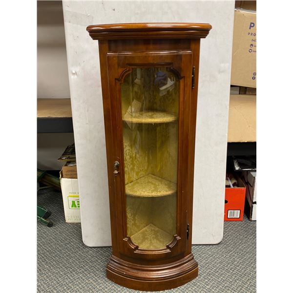 Lovely Vintage Corner Wood Curio Cabinet w/ Fabric Covered Shelves & Backing. NO SHIPPING. Approx. 4