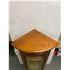 Image 2 : Lovely Vintage Corner Wood Curio Cabinet w/ Fabric Covered Shelves & Backing. NO SHIPPING. Approx. 4
