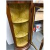 Image 3 : Lovely Vintage Corner Wood Curio Cabinet w/ Fabric Covered Shelves & Backing. NO SHIPPING. Approx. 4