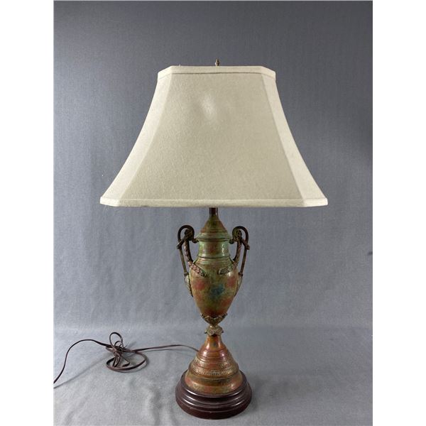 Vintage Heavy Metal "Vase" Lamp w/Shade. NO SHIPPING. Approx. 28" H w/Finial