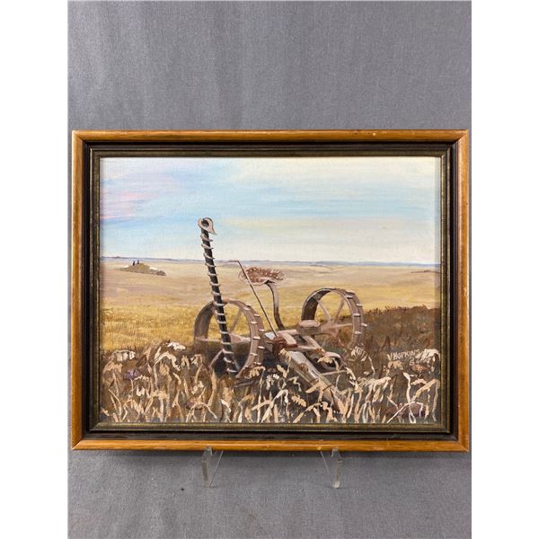 1984 Framed Oil On Canvas "The Old Mower" By Vi Hopkins. Approx. 16" x 13"