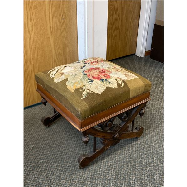 Vintage Solid Wood Upholstered Foot Stool On Small Caster Wheels. NO SHIPPING. Approx. 19 1/2" x 19 