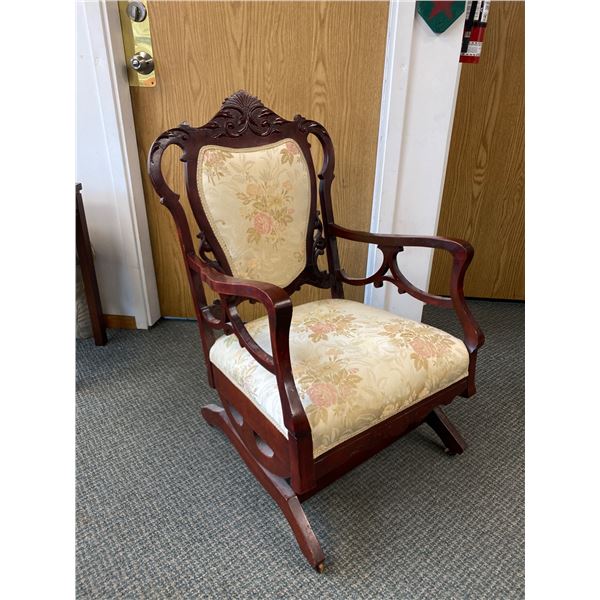 Vintage Wood Carved Upholstered Rocking Arm Chair w/ Small Caster Wheels. NO SHIPPING