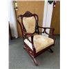 Image 1 : Vintage Wood Carved Upholstered Rocking Arm Chair w/ Small Caster Wheels. NO SHIPPING