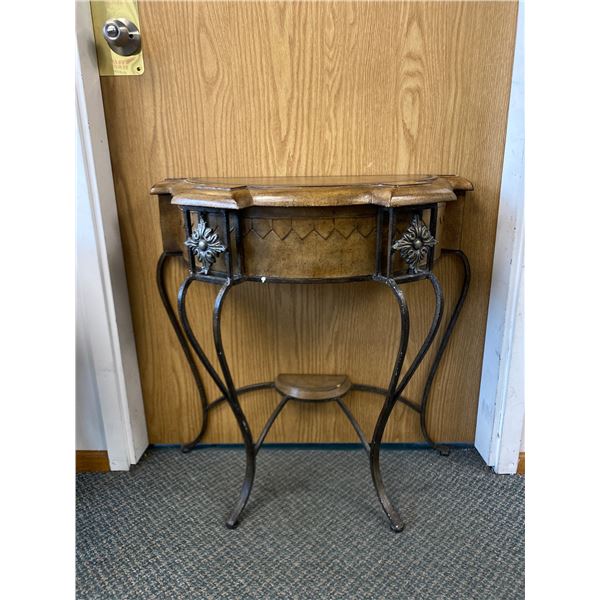 Half Moon Side Table w/ Leather Look Top & Ornate Metal Legs. Approx. 29" H x 28" x 13"