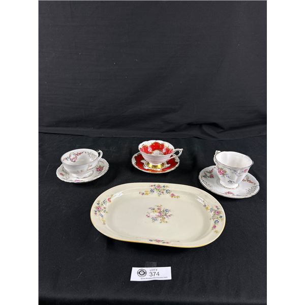 Antique German (1940's) Serving Plate and 3 Collector Cup & Saucers