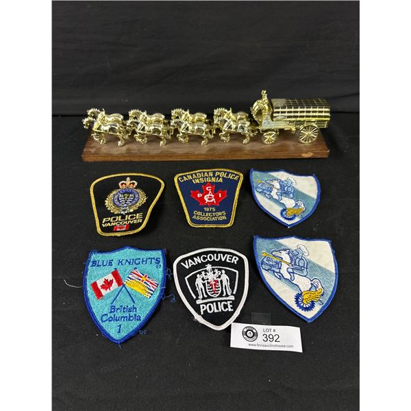 Lot of 6 Police & Blue Knights Arm Patches and a Plastic Budwiser Beer Advertising Clydesdale Horse 