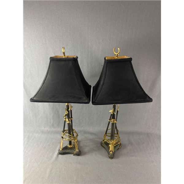 2 Unique Metal Black & Gold Lamps w/ Arrow Accents & Black Lamp Shades. Approx. 30" H w/Finial