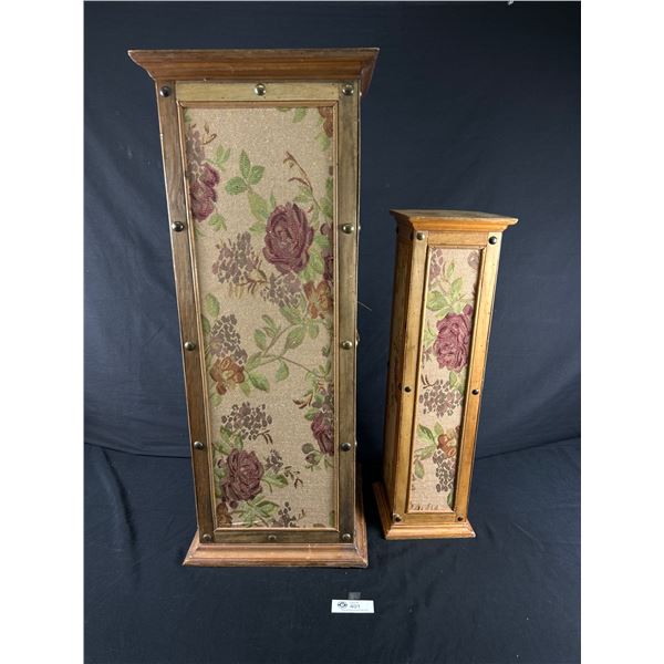 2 Vintage Wood Fabric Covered Pedalstals w/ Metal Tack Accents. Approx. 24" & 32" H