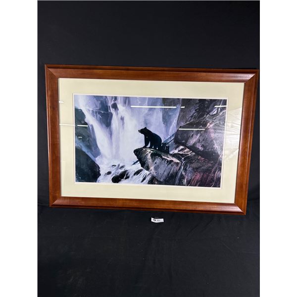 Matted & Framed Black Bear & Cubs Overlooking Waterfall Picture. NO SHIPPING Approx. 29" x 41"