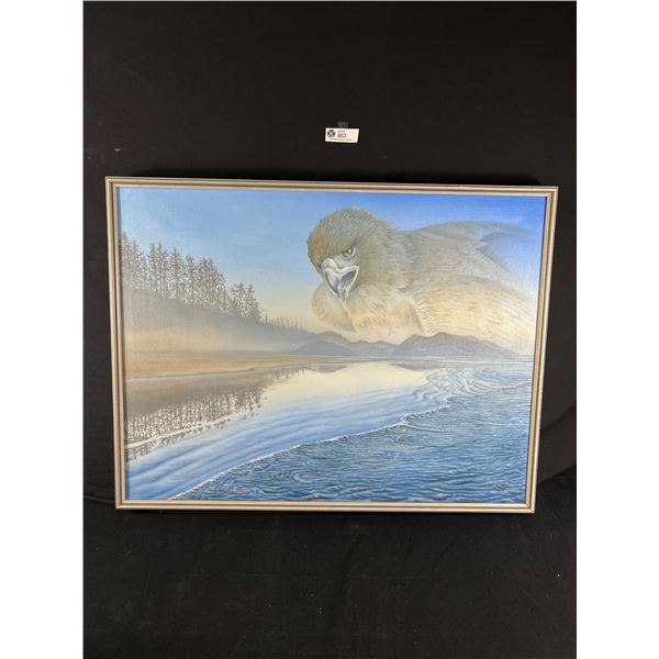Framed Canvas Of Hawk Over Looking River By CoJe . NO SHIPPING Approx. 26" x 35" x 2 3/4"