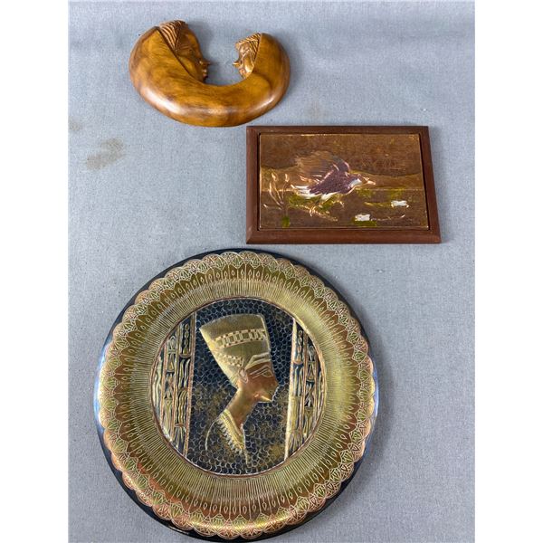 Vintage Décor Lot - Wood Carved Mother & Child, Stamped Tin/Copper Art & Egyptian Etched Metal Plate