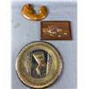 Image 1 : Vintage Décor Lot - Wood Carved Mother & Child, Stamped Tin/Copper Art & Egyptian Etched Metal Plate