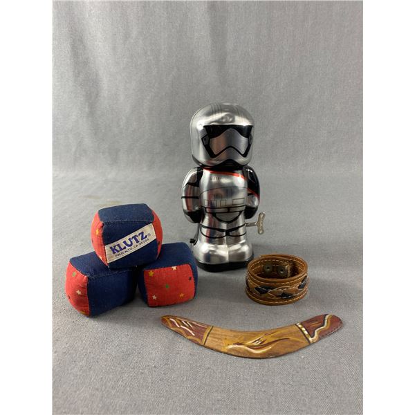 Klutz Juggling Bean Bag Cubes, Schylling Tin Wind-Up Storm Tropper, Leather Cuff & Mini Boomerang