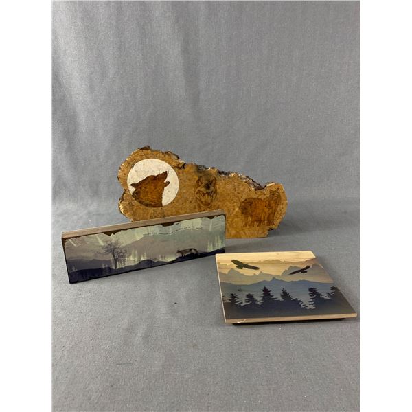 Wood Décor - Wolf Burl Plaque & 2 Woodland Plaques