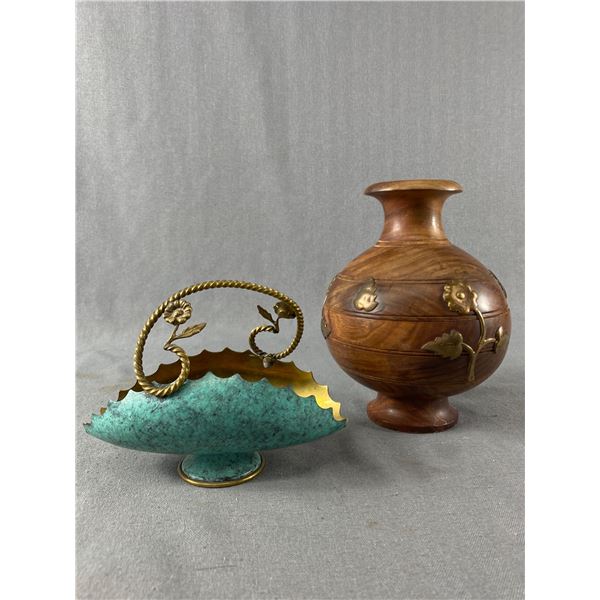 Vintage Décor - Wood Vase w/ Metal Accents. Approx. 8" H & Small Brass Basket