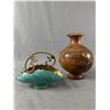 Image 1 : Vintage Décor - Wood Vase w/ Metal Accents. Approx. 8" H & Small Brass Basket